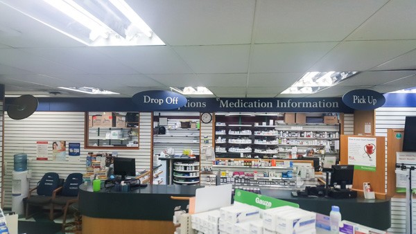 the pharmacy counter in a pharmacy store